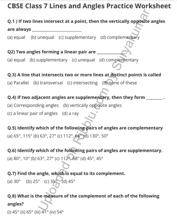 Lines And Angles Class 7 Maths Angles Worksheet Supplementary Angles Mathematics Worksheets