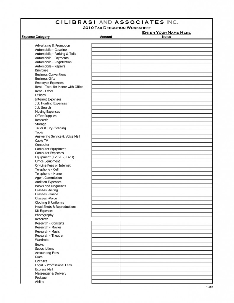 List Of Itemized Deductions Worksheets