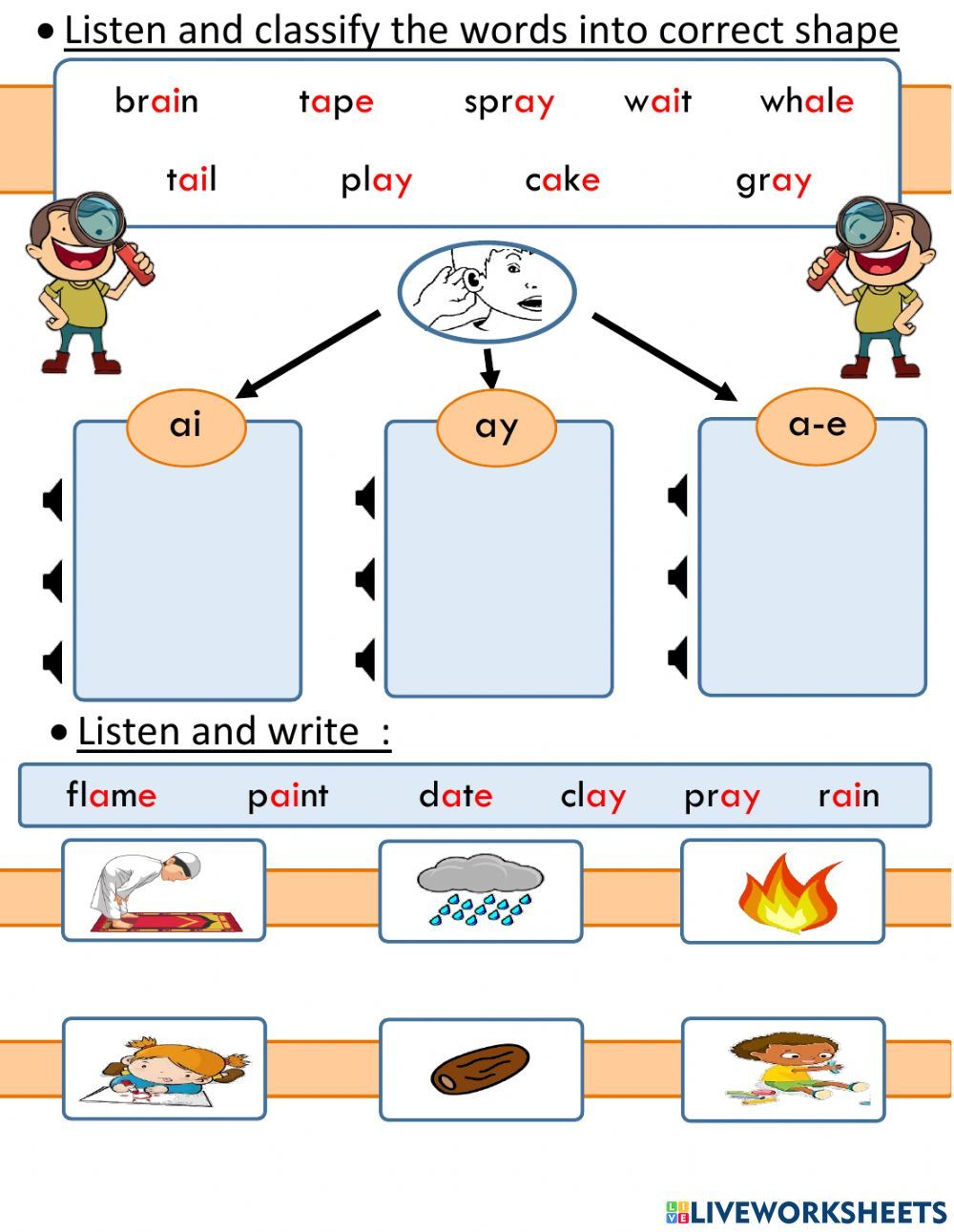 Listen Classify And Write Ay Ai A E Worksheet Jolly Phonics