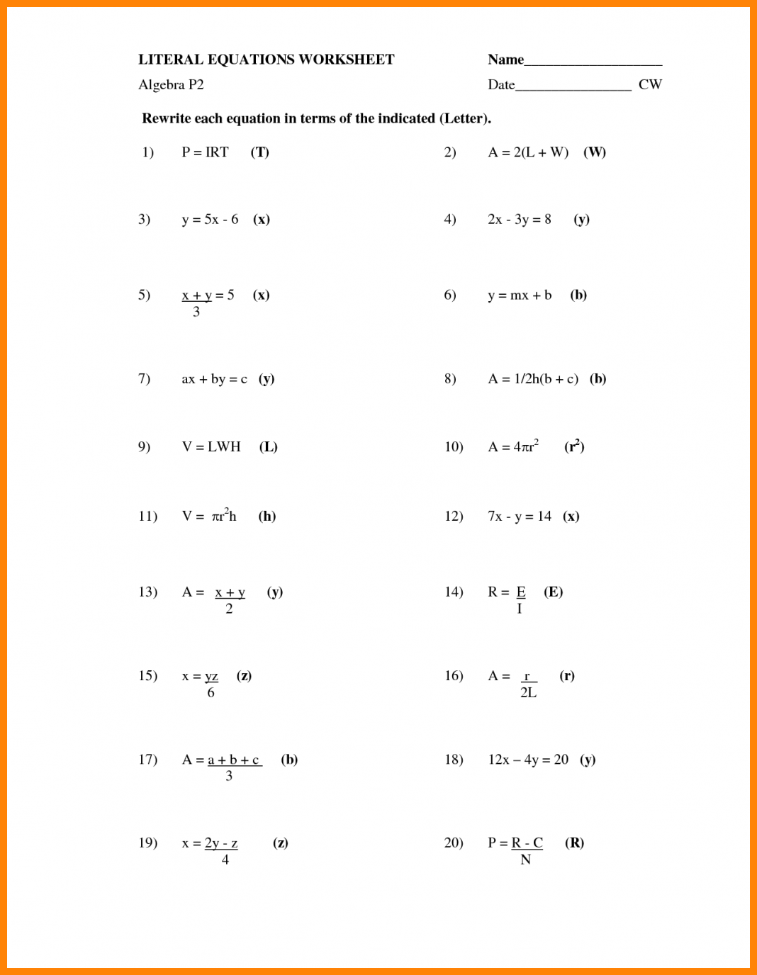 Mastering Literal Equations: Fun Worksheets for Students