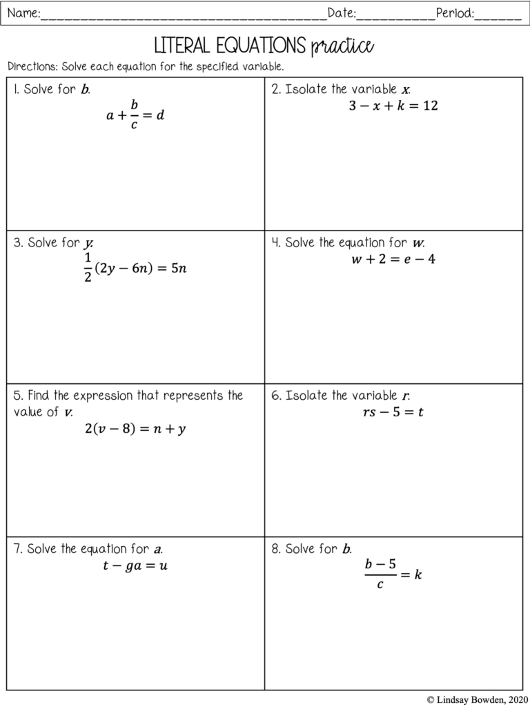 Literal Equations Worksheet For Algebra Myschoolsmath Com