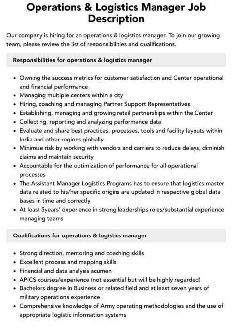 Logistics Operations Job Description Velvet Jobs