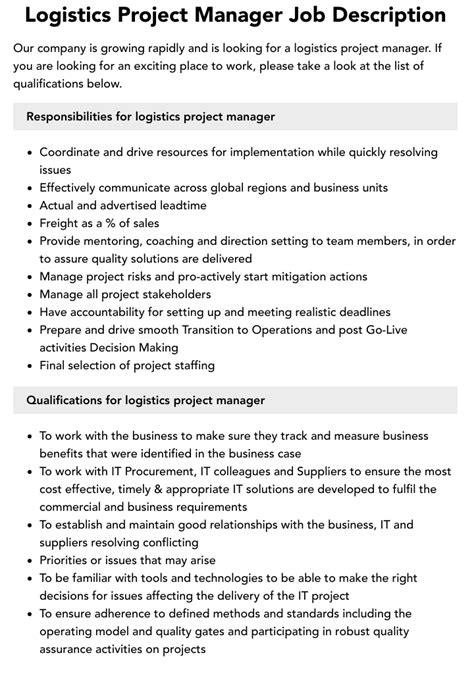 Logistics Project Manager Job Description Velvet Jobs