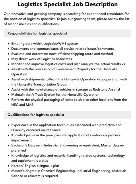 Logistics Specialist Job Description Velvet Jobs