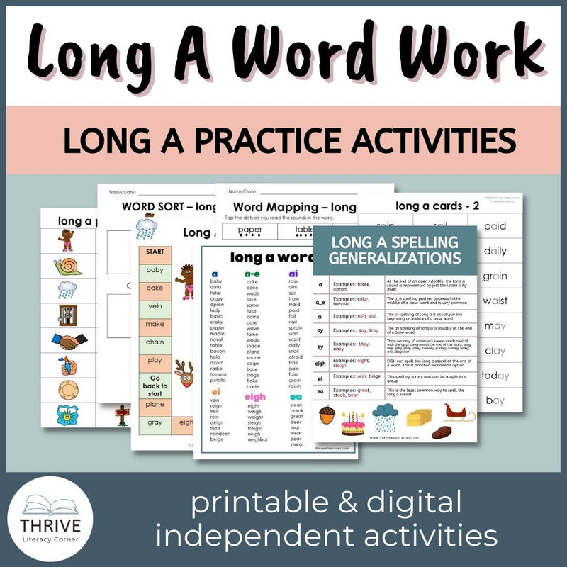 Long A Worksheets Activities Long A Words Thrive Literacy Corner Shop