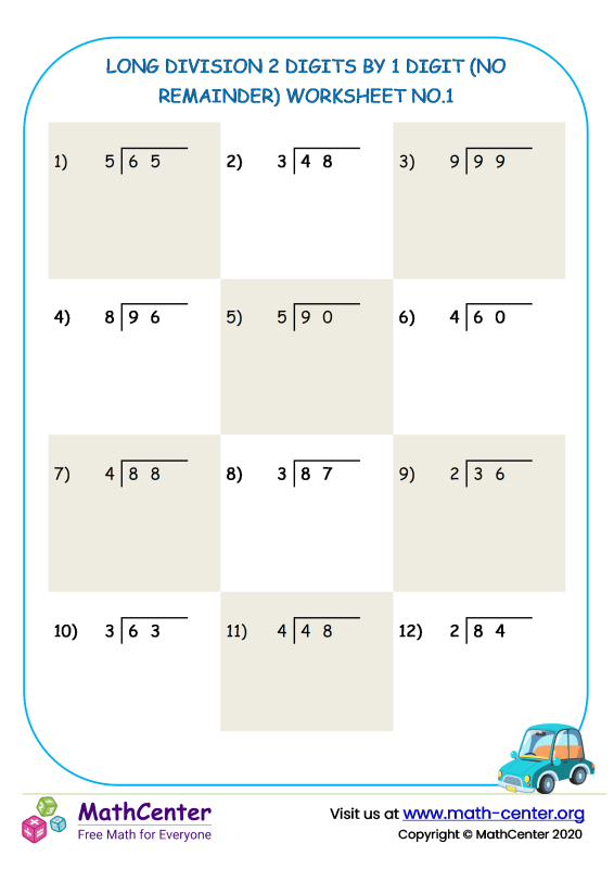 Long Division 2 Digits By 1 Digit No Remainder Worksheet No 1 Worksheets Math Center