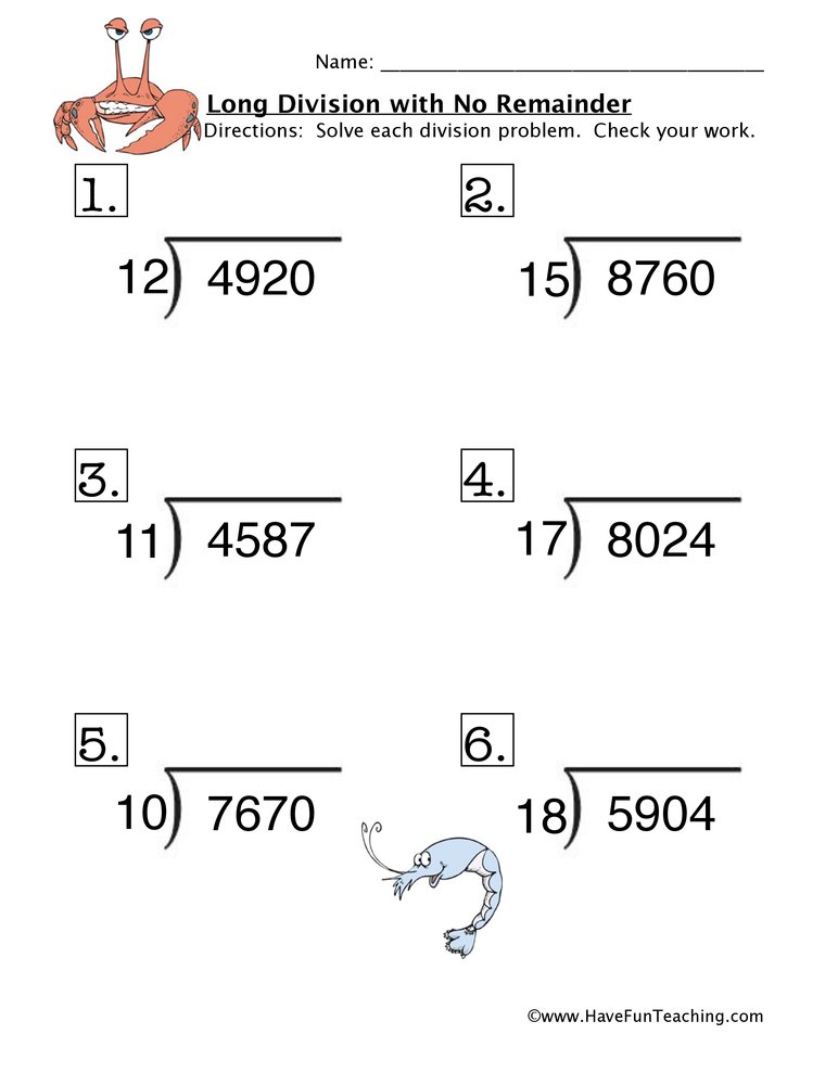 Long Division No Remainders Practice Worksheet 4 Nbt 6 Tpt