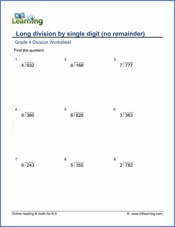 Long Division Worksheet 4 By 1 Digit Numbers No Remainder K5 Learning