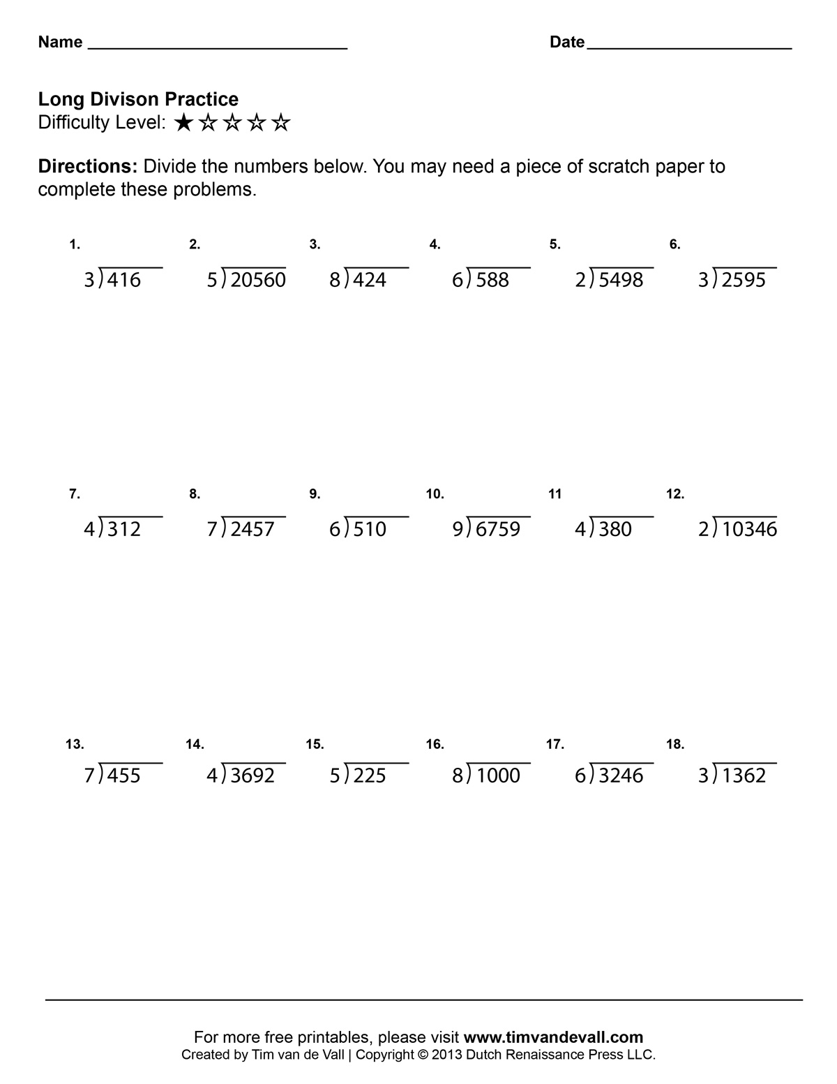 Long Division Worksheets for Grade 4 Students