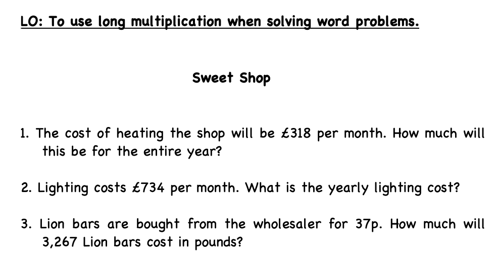 Long Multiplication Word Problems Teaching Resources