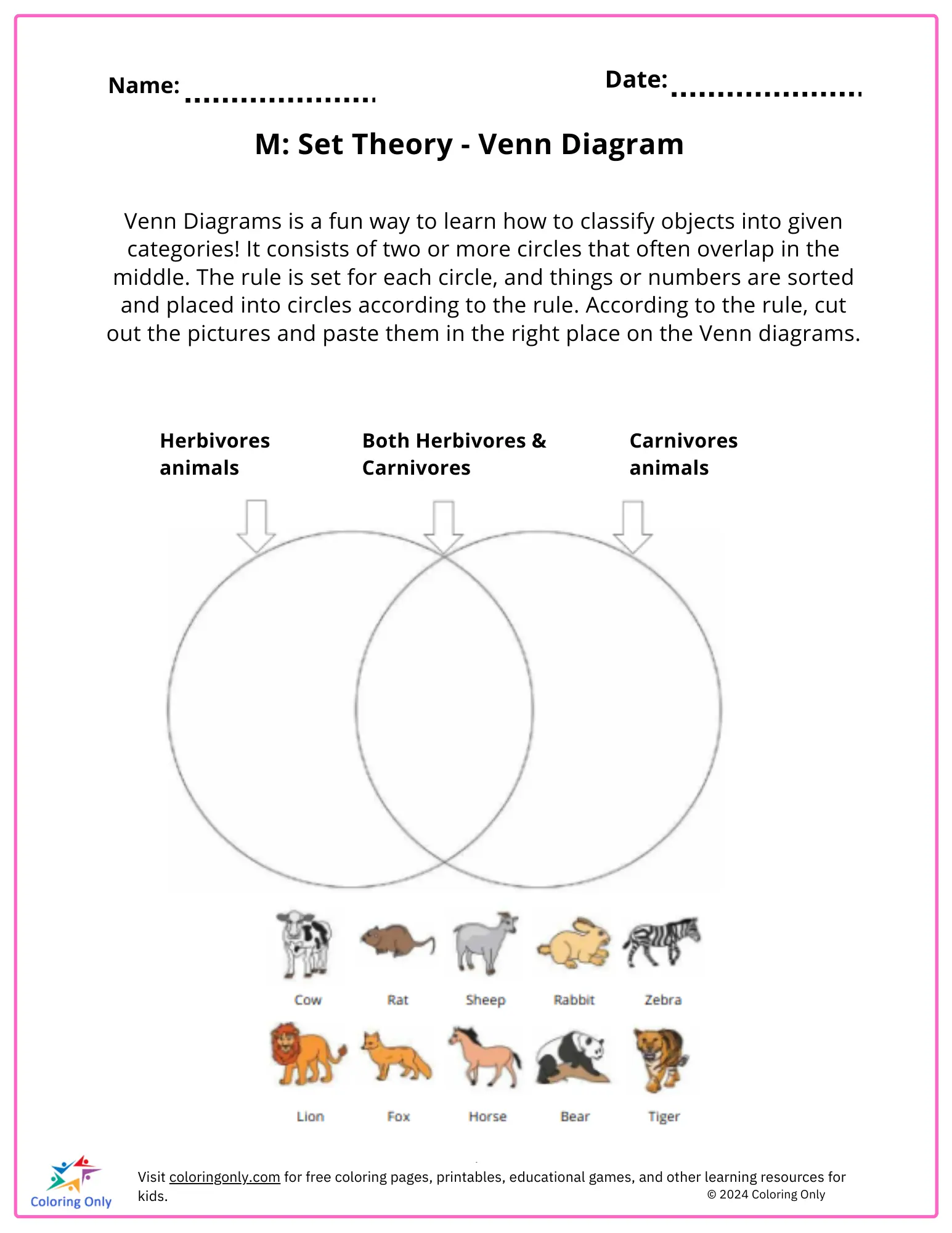 M Set Theory Venn Diagram Free Printable Worksheet