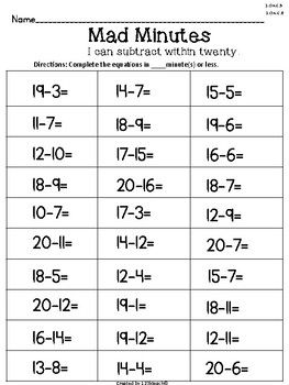 Mad Minutes Add Amp Subtract Within 20 Common Core 1 Oa C 5 1 Oa C 2 Oa B 2