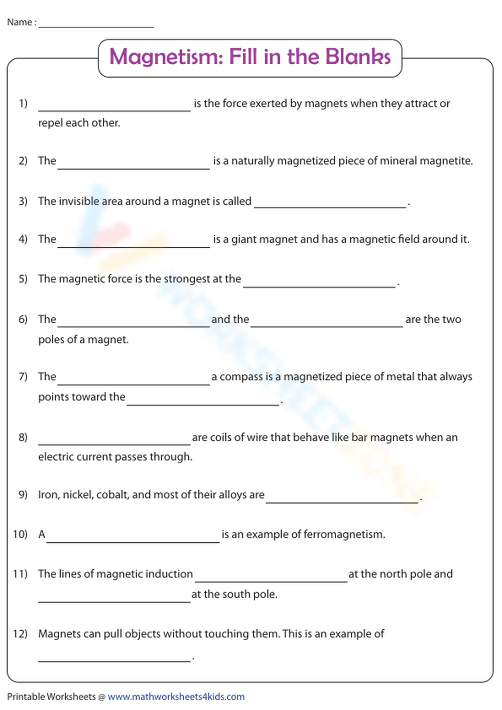 Magnetism Fill In The Blanks Worksheet Worksheets Library