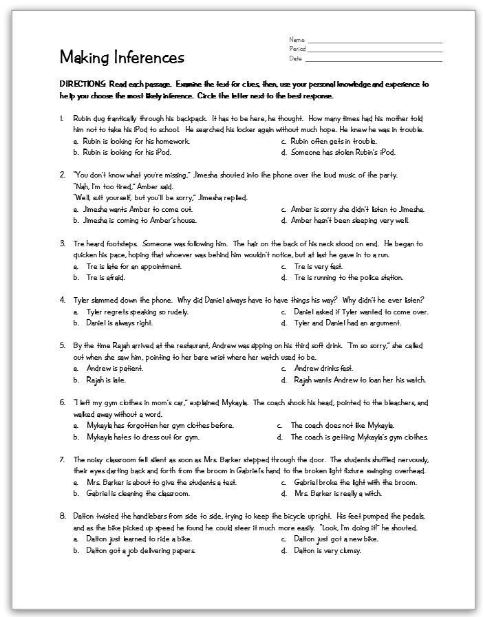 Making Inferences Worksheets Grade 6 Kidsworksheetfun