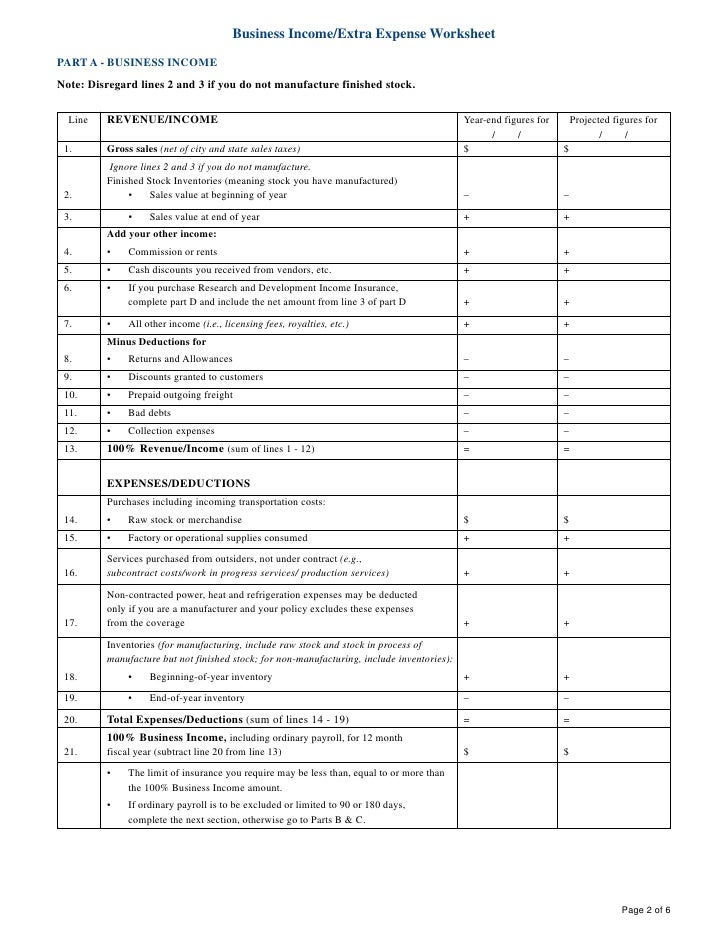 Manufacturing Business Income Worksheet