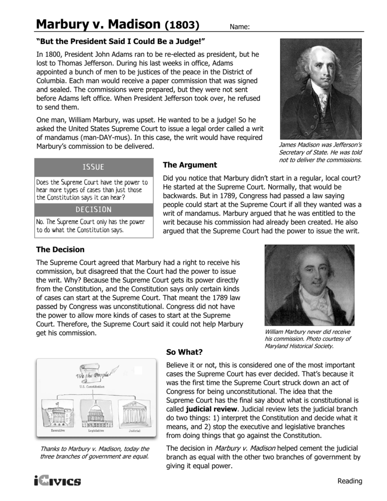 Marbury V Madison 1803: Essential Worksheet Answers