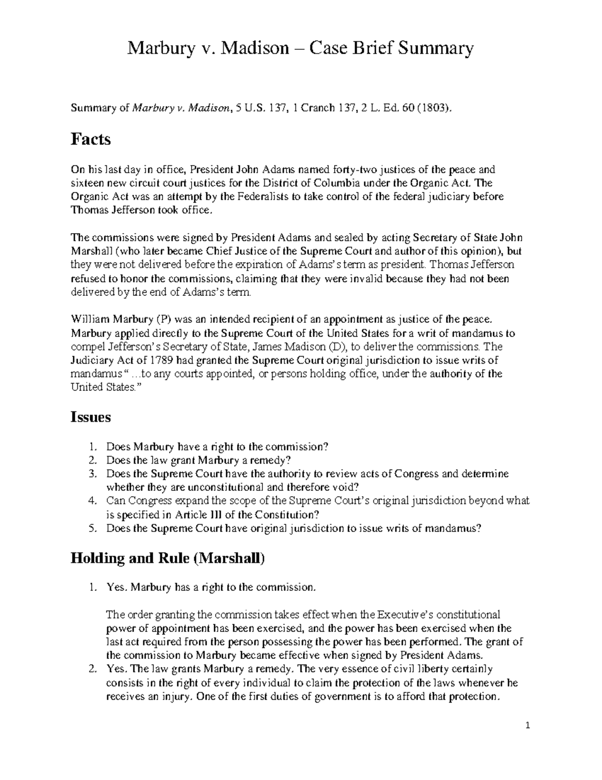 Marbury V Madison Case Brief Worksheet Title Of Case Marbury V Madison Us Sc 1803 Facts