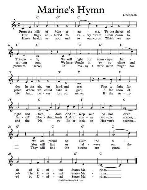 Marine S Hymn C Major In 2023 Marines Hymn Hymns Lyrics Lead Sheet