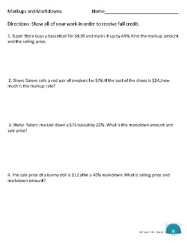 Markup And Markdown Worksheet