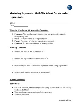 Mastering Exponents Math Worksheet For Numerical Expressions By Minutemath