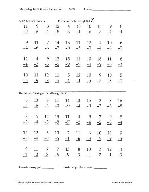 Mastering Math Facts Subtraction