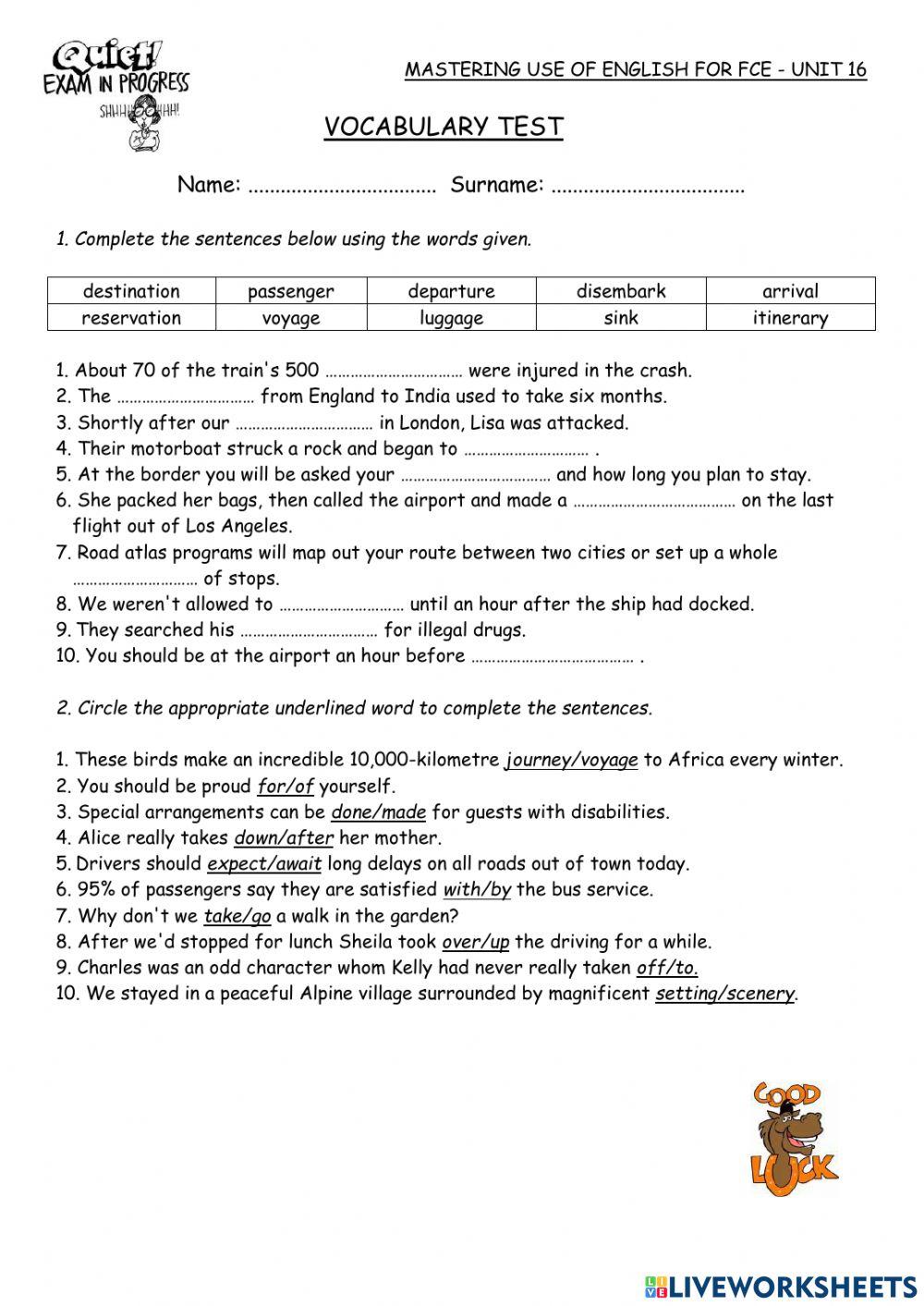 Mastering Unit 16 Vocabulary Test Worksheet Live Worksheets