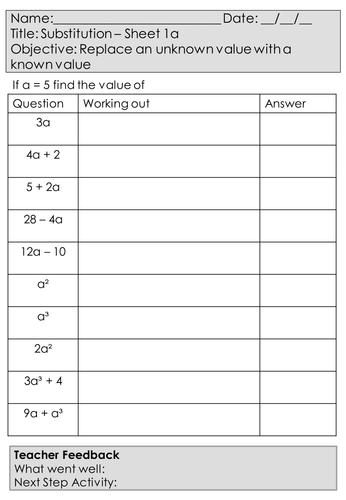 Mastery Maths Algebra Substitution 16 Worksheets Including