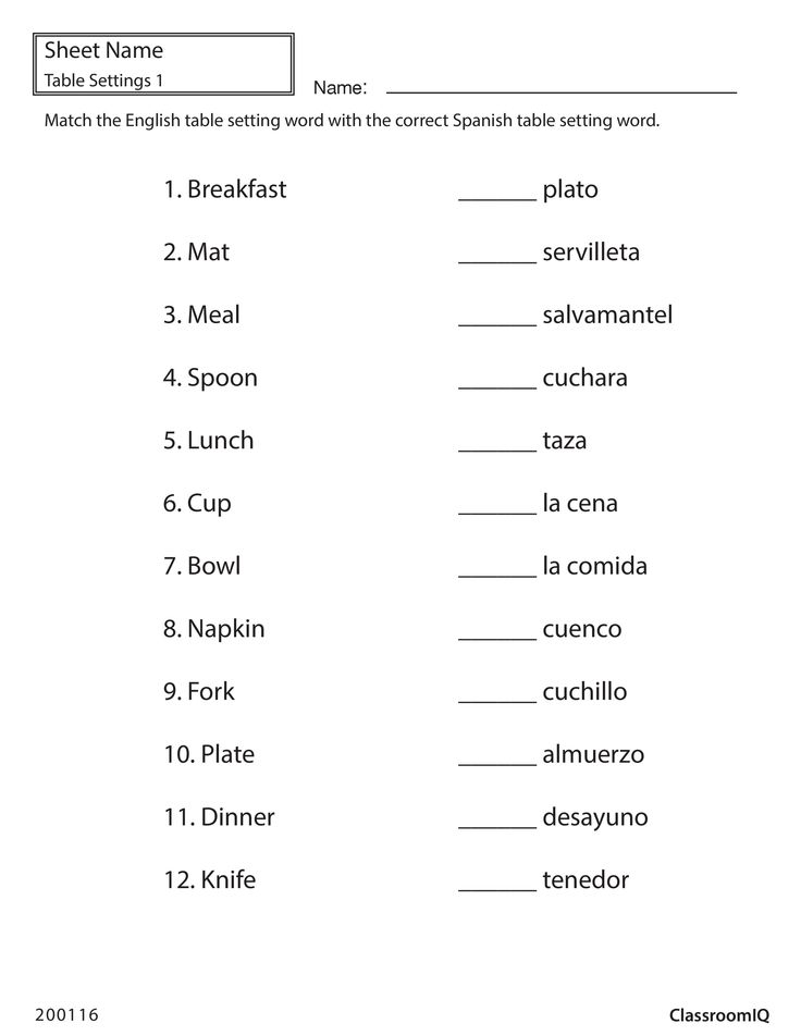 Match Word For Table Setting Spanishworksheets Classroomiq Newteachers Pagine Di Esercizi