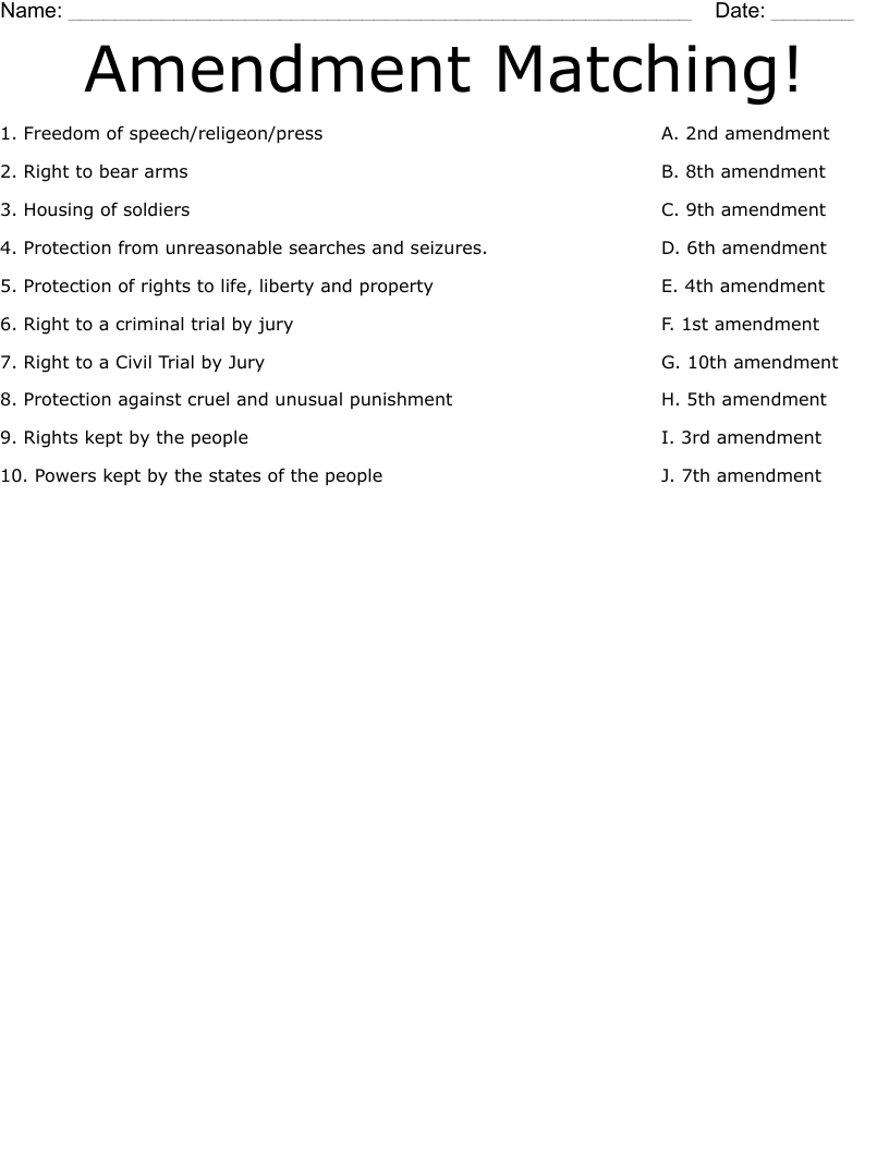 Matching Amendments Worksheet Wordmint