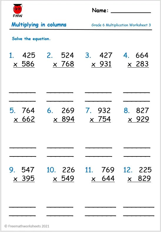 Math 6 Multiplication Worksheets