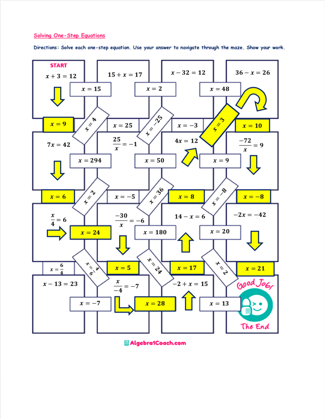 Math Maze Worksheet Answers