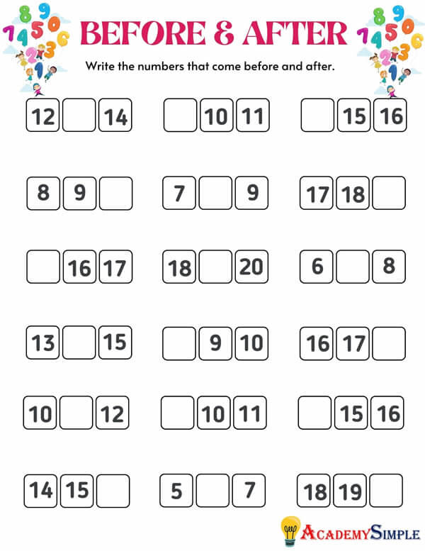 Math Ordering Numbers Worksheet Before And After Numbers 1 To 20