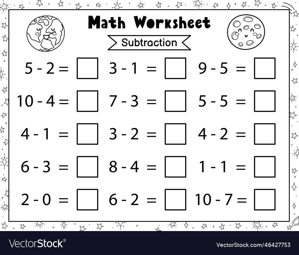 Math Worksheet For Kids Subtraction Space Black And White Mathematic Activity Page With Cute