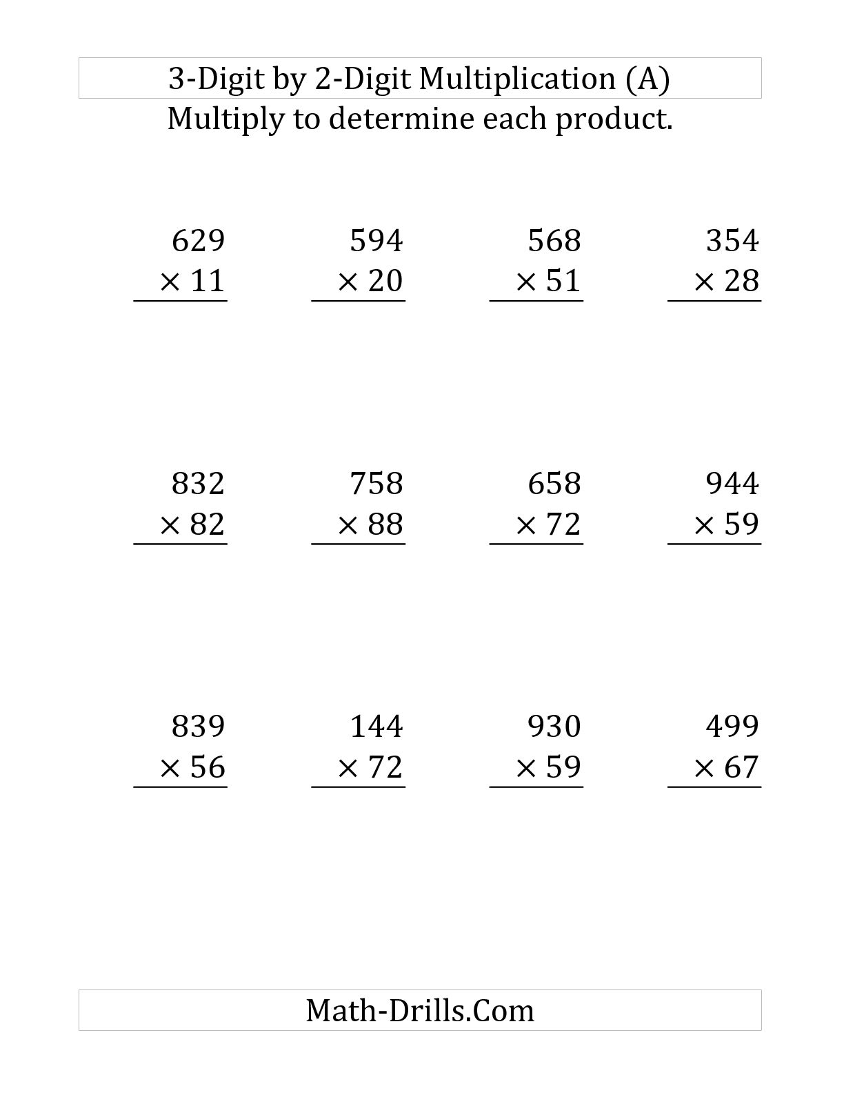 Math Worksheets 3 Digit Multiplication