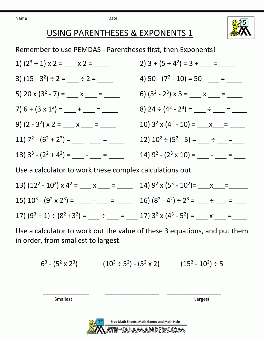 Math Worksheets 5Th Grade Complex Calculations