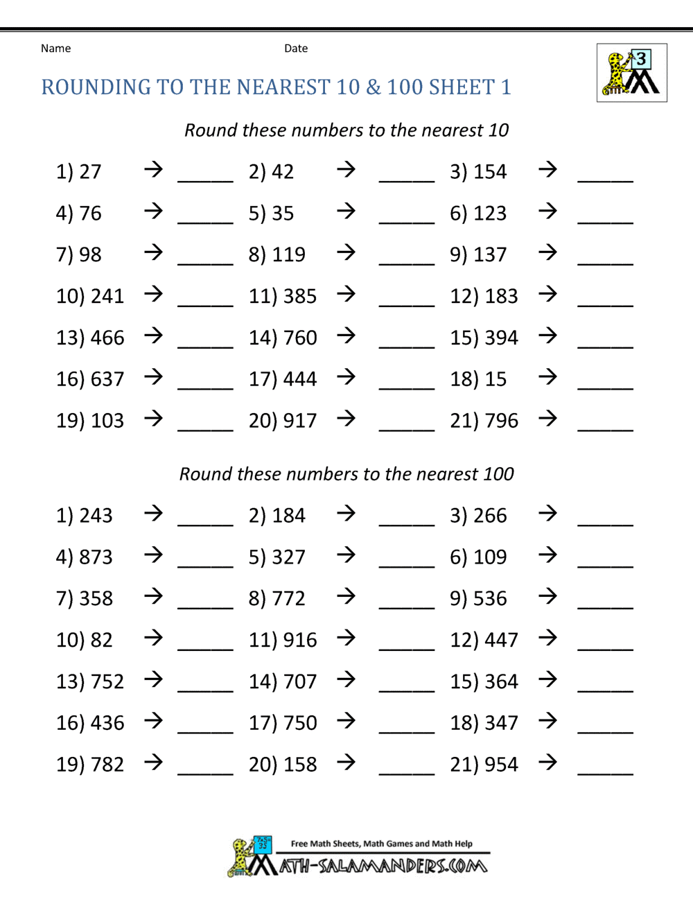 Math Worksheets For Rounding Numbers