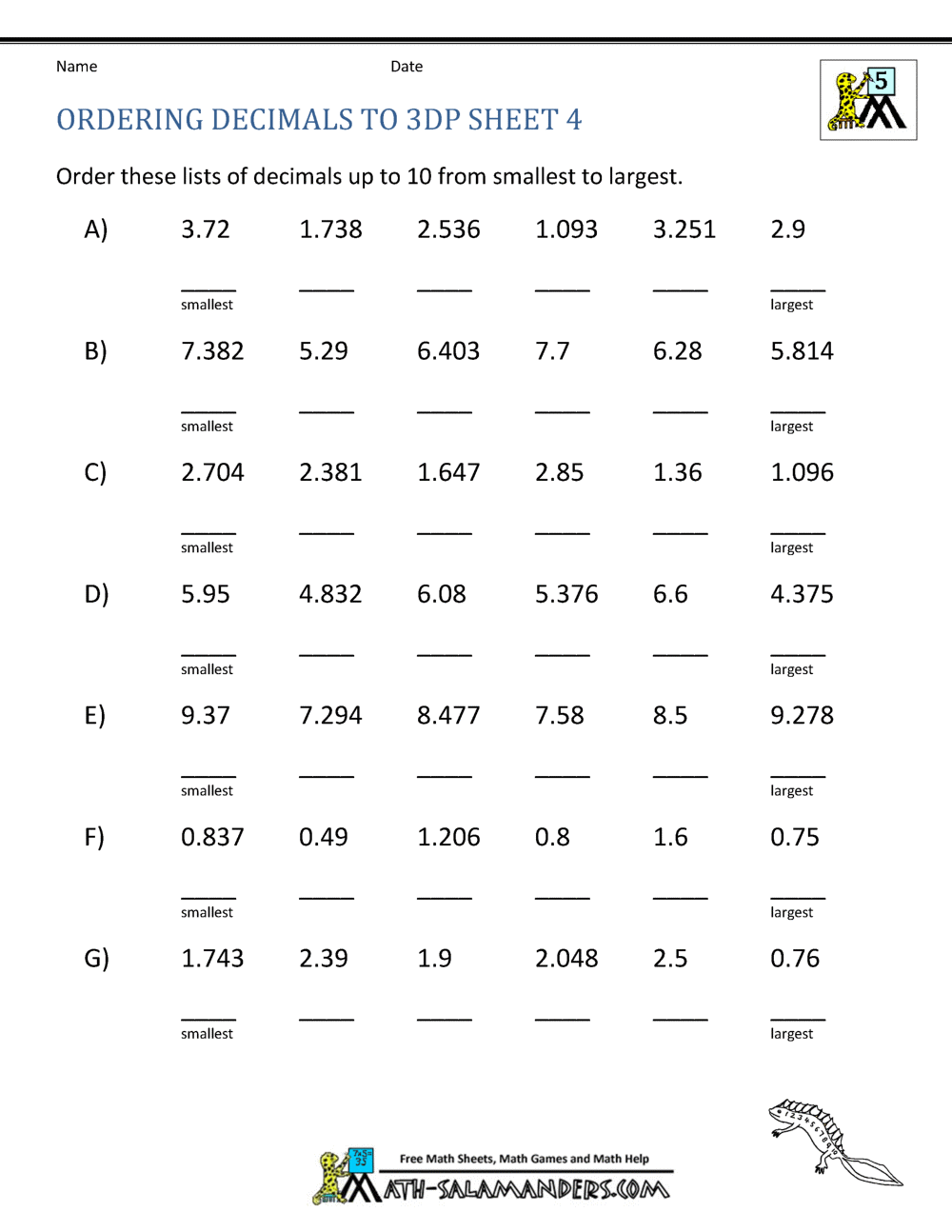 Math Worksheets Ordering Decimals