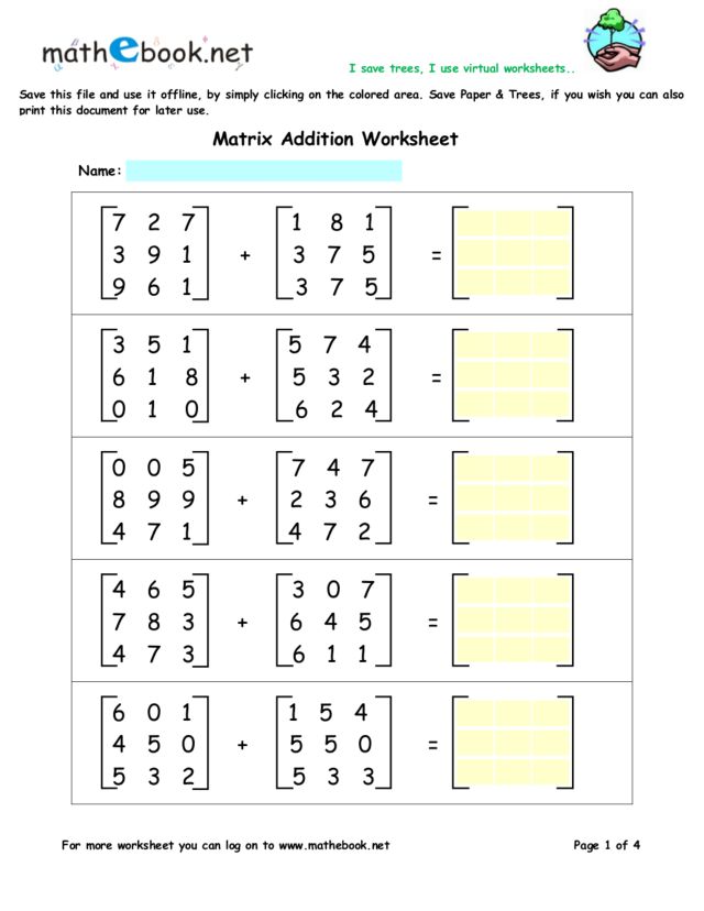 Matrices Addition Worksheet