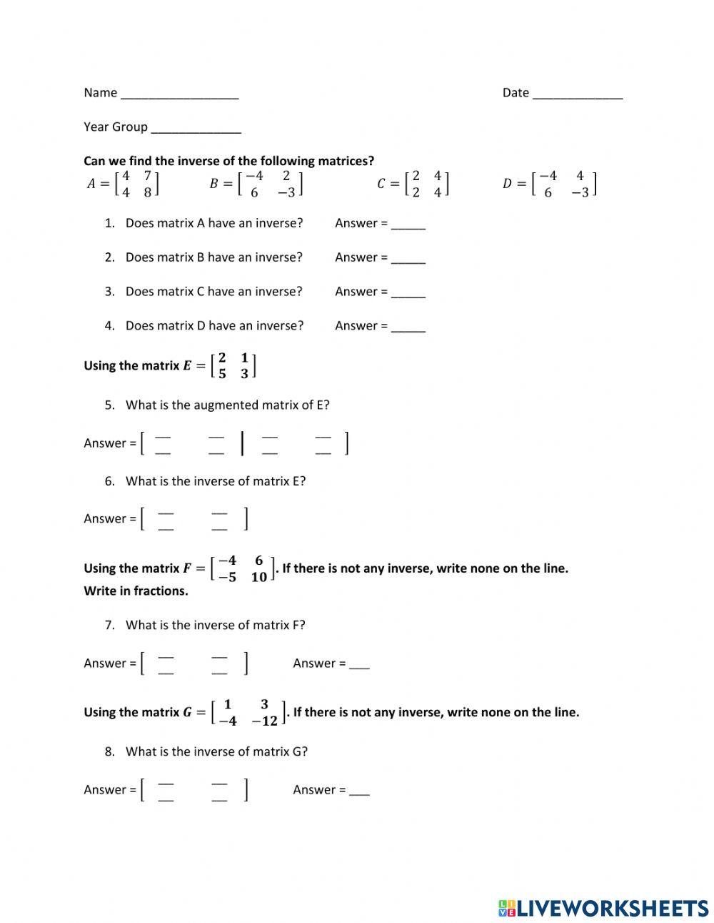 Matrices Worksheet With Answers Db Excel Com