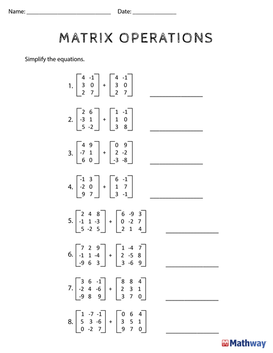 Matrix Operations Algebra 2 Worksheet Printable