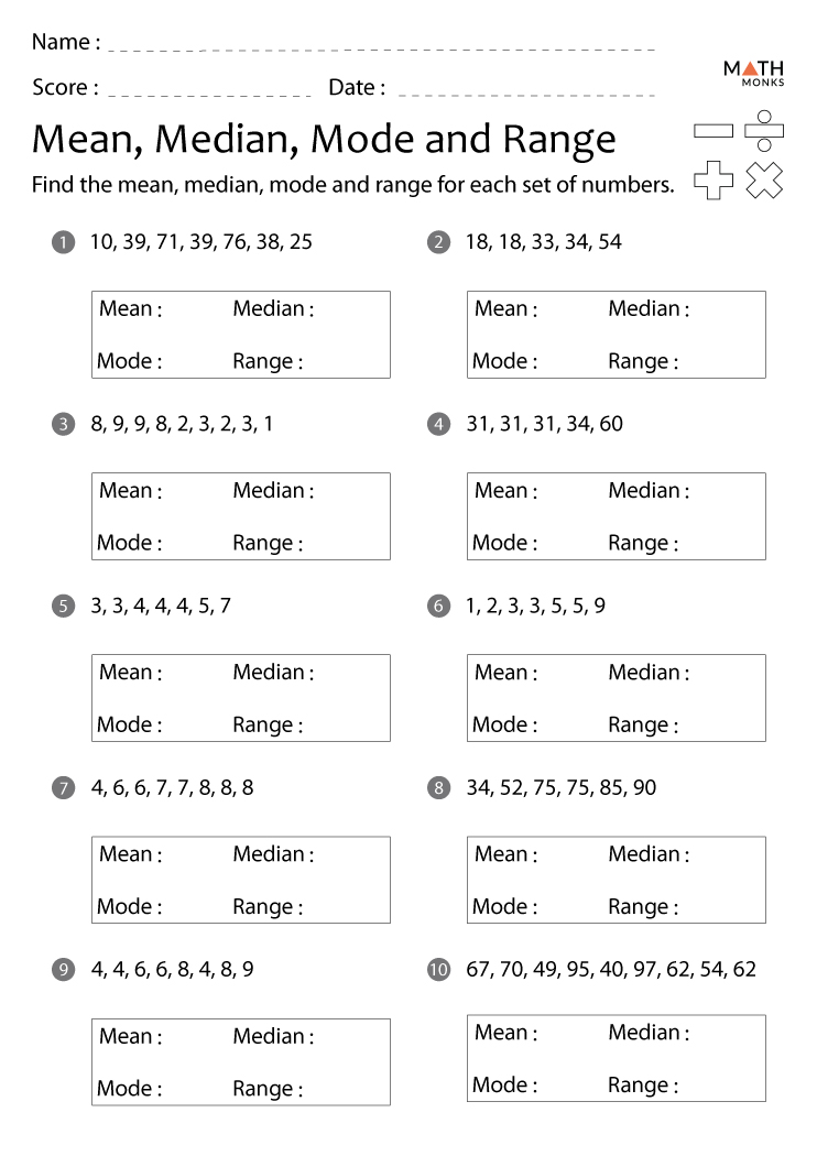 Mean, Mode, Median, Range: Worksheet with Answers