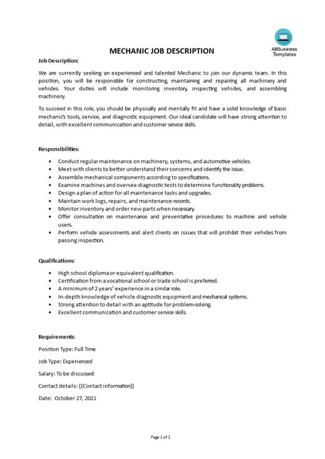 Mechanic Job Description Template Prntbl Concejomunicipaldechinu Gov Co