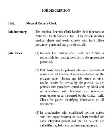 Medical Records Job Description Pdf