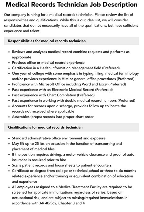 Medical Records Technician Job Description and Responsibilities