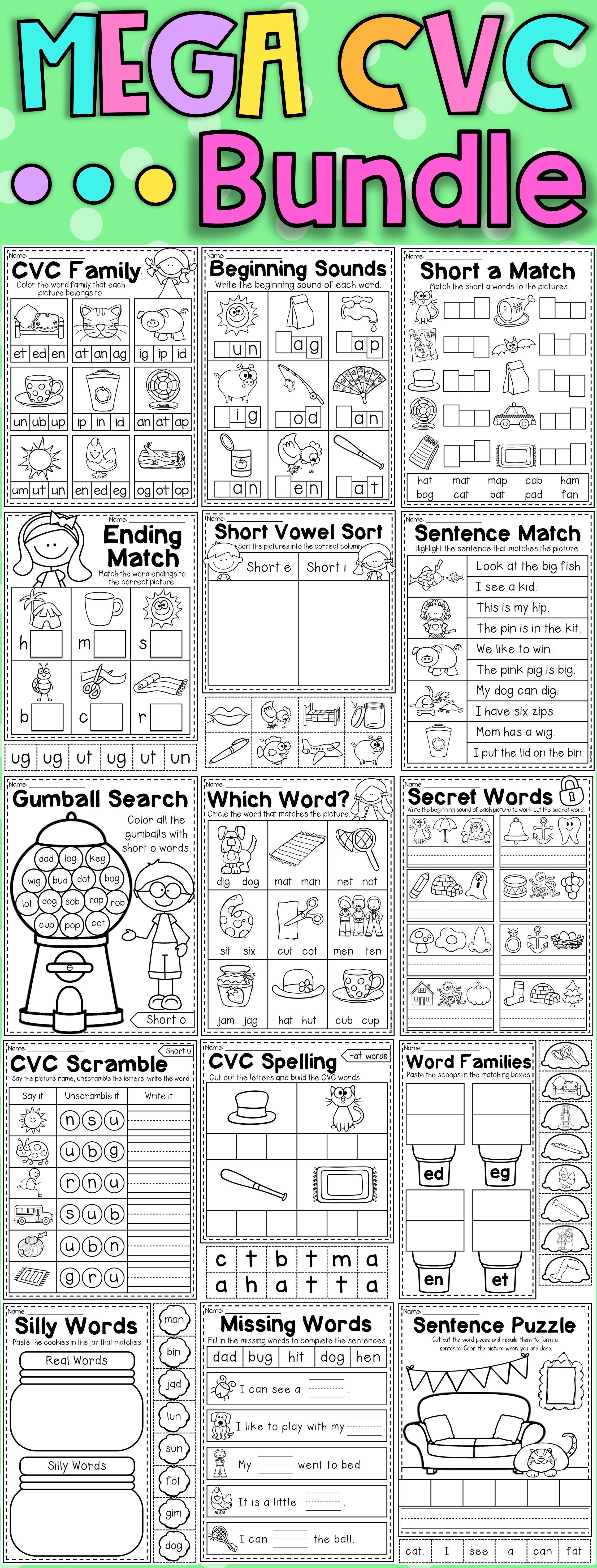 Mega Cvc Worksheet Pack Pre K Kindergarten Cvc Words Kindergarten