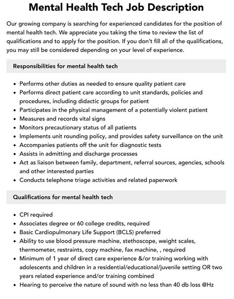 Mental Health Tech Job Description Velvet Jobs