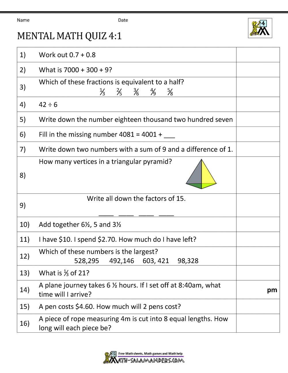 Mental Math 4Th Grade