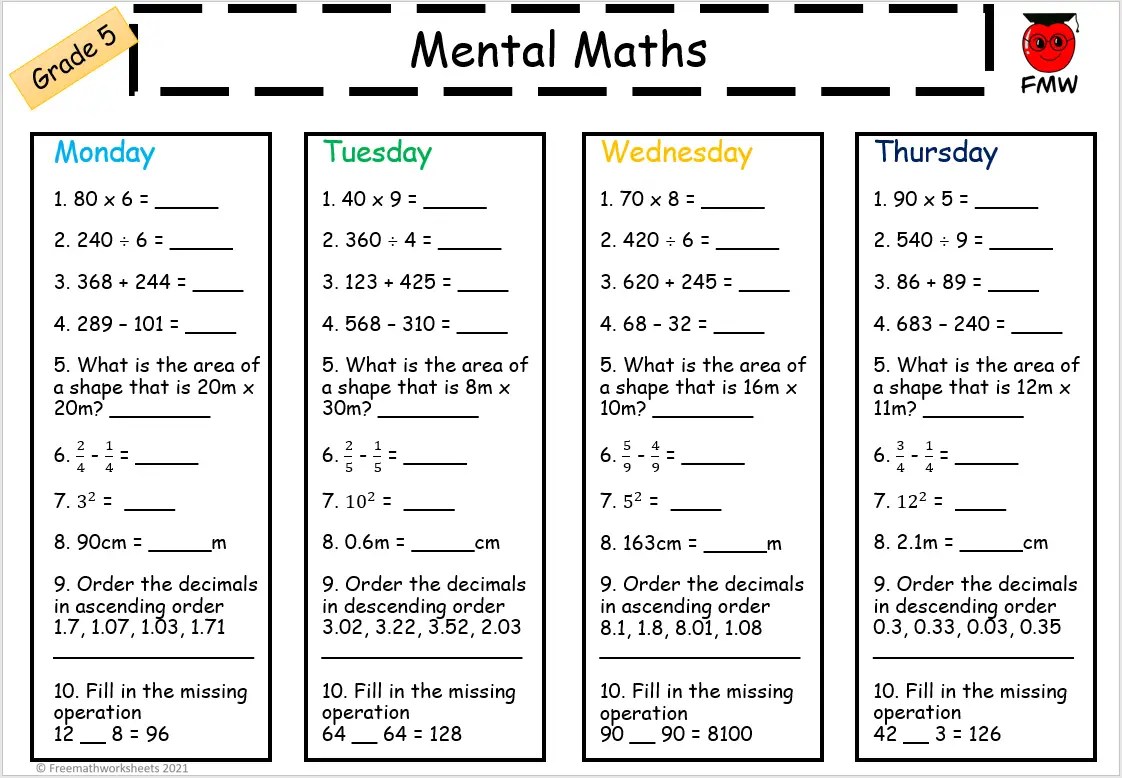 Mental Math Worksheets For Grade 5 Free Printables Homework