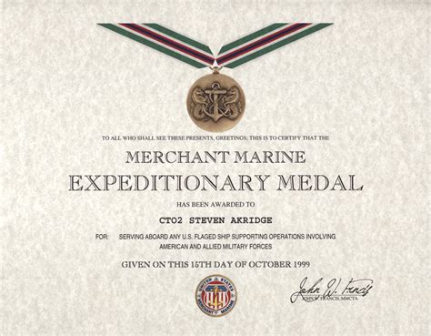 Merchant Marine Expeditionary Medal Certificate