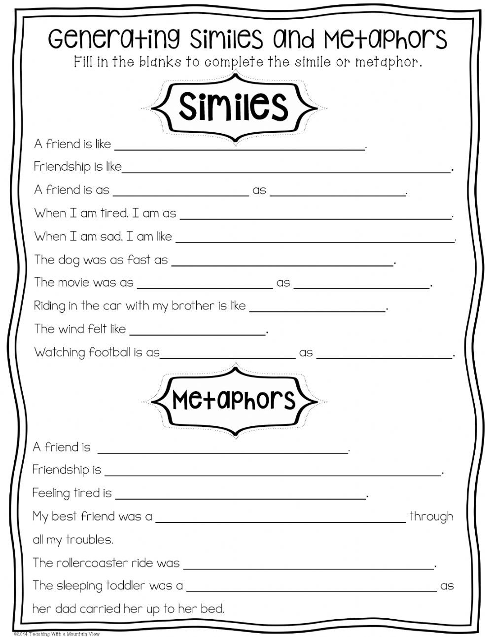 Metaphor Worksheets Similes To Metaphors Free English Worksheets